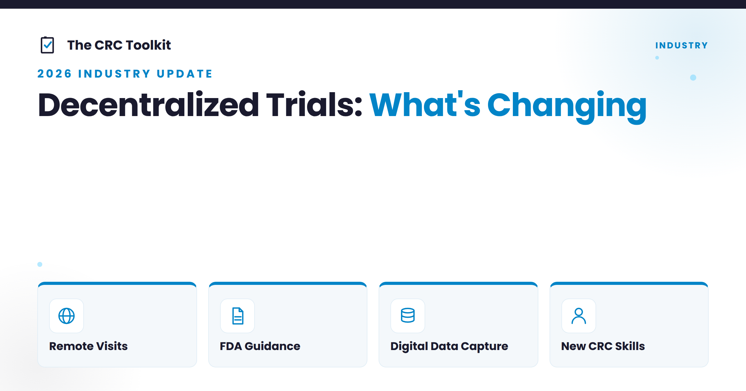Four shifts in decentralized clinical trials: remote visits, FDA guidance, digital data capture, and new CRC skills.