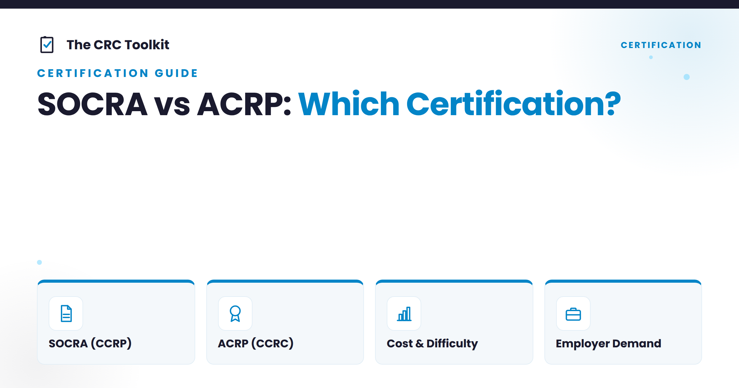 Comparison of SOCRA and ACRP certifications across who they are for, cost and difficulty, and employer demand.